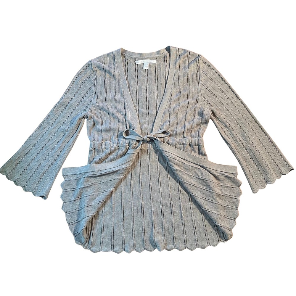 Vintage Gray Ribbed Knit Tie Waist Scalloped Hem Cardigan‎ Sweater Small Y2K 90s